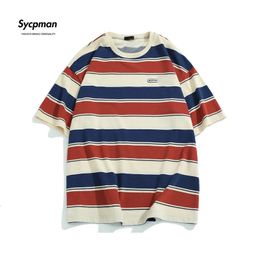 Loose Contrast Color Short Sleeve Main Striped T-shirts Couples For Men And Women In The Summer Of 240409