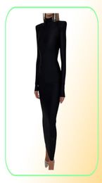 Casual Dresses Black Midi Bodycon Dress Women Blue Green Long Sleeve Shoulder Pads Turtleneck Elegant Evening Sexy Maxi Club Party1179873