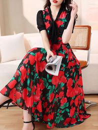 Party Dresses Women 2024 V-Neck Bow Chiffon Floral Long Dress Beach Boho Summer Tunics Chic Midi Korean Fashion Bodycon Evening