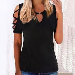 Women's T Shirts Summer Black Solid Short Sleeve T-shirts Women Casual Off Shoulder Hollow Out Tees Tops Female Sexy Tshirts For Ladies