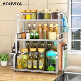 Kitchen Storage SH AOLIVIYA 304 Stainless Steel Double Layer Seasoning Rack Bottle Wall Mount Desktop Knife Organise