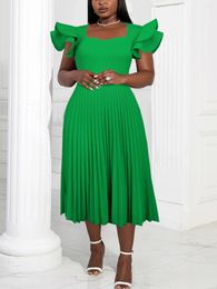 Party Dresses Elegant Women Pleated Evening Dress O Neck Short Ruffle Sleeve A-Line African Female Classy Prom Birthday Celebrate Gowns