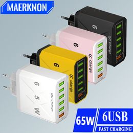 6 USB Charger 65W High Speed Fast Charging Quick Charge 3.0 for Samsung Xiaomi Huawei EU/US/UK/KR Plug Mobile Phone Wall Adapter