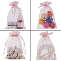 50pcs 7x9/9x12/10x15cm Pink Organza Drawstring Pouches Jewellery Packaging Wedding Party Small Gifts Bags Storage Accessories