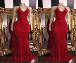 Sparkly Red SequinsSexy V Neck Backless Prom Dresses 2019 Halter Mermaid Long Prom Gowns Low Back Arabic Party Dress BC10855075697