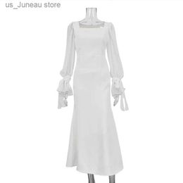 Basic Casual Dresses Elegant Mesh White Women Evening Dress Long Slve Square Collar Flare Slve Female Midi Robe 2024 Summer Solid Lady Dresses 1 T240415