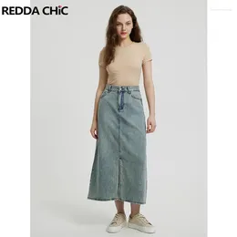 Skirts REDDACHiC Casual Plain Blue Jeans Long Skirt Women's Denim Maxi With Slit Open Leg High Waist A-line 90s Vintage Clothes