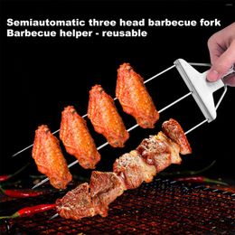 Disposable Flatware 3 Way Grill Skewers-Grill Outdoors Barbecue Fork Reusable Stainless Steel Semi-Automatic Household BBQ Stick