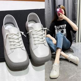 Casual Shoes Single Women Women's Summer Square Head Shallow Flat Lace-up White