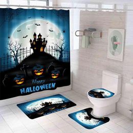 Shower Curtains Lotus Leaf Water Repellent Curtain Set Spooky Bathroom Decor Halloween Castle Pumpkin