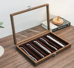 10 Grids Wooden Jewellery Storage Case Bracelet Pendant Necklace Organiser Tray Holder Box Showcase With Windowed Glass Cover