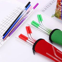 Drinking Straws 20Set/Lot Stainless Steel Gradient Colour Straw With Anti-Scratch Silicone Head Metal Reusable Eco-Friendly