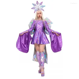 Stage Wear Purple Laser Dress Women Festival Party Clothing Silver Bow Singer Costume Fashion Kpop Outfit Jazz Dancewear