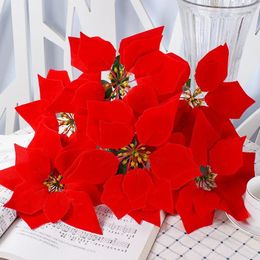 Decorative Flowers Artificial Christmas Faux Felt Red Simulation Flower Poinsettia Bouquet Room Party Decoration Supplies