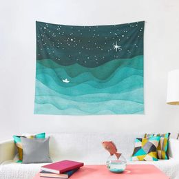 Tapestries Starry Ocean Teal Sailboat Watercolor Sea Waves Night Tapestry Wallpaper Bedroom Room Design Decor