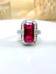 Cluster Rings Light Luxury Rectangular Red Treasure 925 Silver Ring Set With High Carbon Diamond Jadeite End Banquet Style Jewelry
