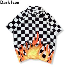 Flame Print Plaid Shirt Men Turn-down Collar Hip Hop Men's Shirt Summer Shirts for Male