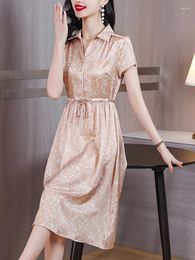 Party Dresses Beach Summer Vintage Silk Satin Midi Women Dress 2024 Korean Fashion Pink Printing Tunics Elegant Festa Luxo Evening