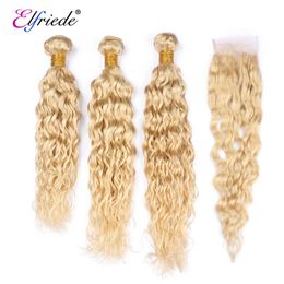 Elfriede #613 Blonde Water Wave Bundles with Closure Brazilian Remy Human Hair Weave 3 Bundles with 4X4 Transparent Lace Closure