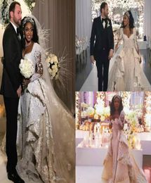 Luxury Dubai Mermaid Wedding Dress With Detachable Overskirt Pearls Beads Lace Applique Long Sleeves Wedding Gowns Africa Bridal D7125462