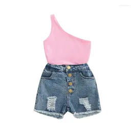 Clothing Sets Baby Kids Girls Summer 2 Pcs Outfit One Shoulder Cami Tops Ripped Denim Shorts