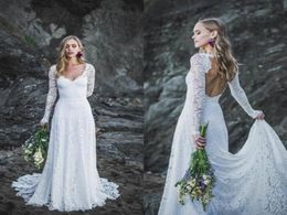 Modest Mermaid Wedding Dresses V Neck Hollow Back Sweep Train Long Sleeve Lace Bridal Gowns Cheap Plus Size Wedding Dress robe de 3981577