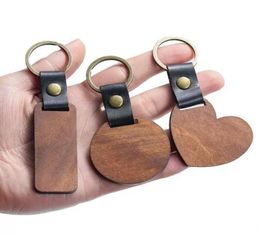 DIY Wooden Keychain Blank Carved Leather Wood Keychain Pendant Luggage Decorative Heart Round Key Chain Keyring1617963