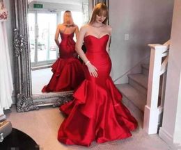 2018 New Sexy Red Prom Dresses Strapless Back Laceup Sweep Train Formal Prom Gowns Mermaid Summer Sleeveless Party Evening Gowns4223066