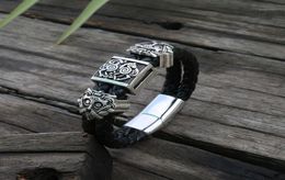 Charm Bracelets Viking Slavic Cowhide Bracelet Men Black Braided Leather Cuff Stainless Steel Magnetic Clasp 100 Genuine Bangles14516355