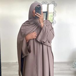 Three Piece Abaya Set With Hijab Free Belt Jazz Crepe Kimono Sleeveless Under Dress EID Ramadan Muslim Women Islamic Clothing 240411