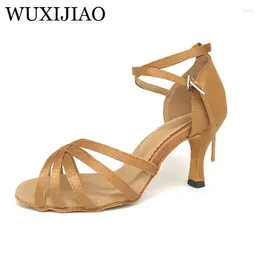 Dance Shoes WUXIJIAO Women Latin Dark Tan Satin Soft Leather Sole Ladies Ballroom Dances Sandal High Heel