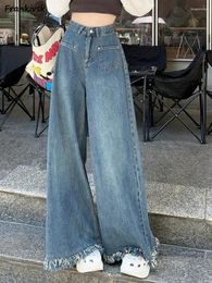 Women's Jeans Loose Flare Women Solid Frayed Tassel Denim Washed Vintage Japanese Style Elegant Full Length Spring Autumn High Waist