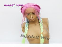 Pastel Ombre Pink blue lime Colour hair wig synthetic long braided hair lace front wig Mermaid unicorn hair Kylie Jenner wigs1026108