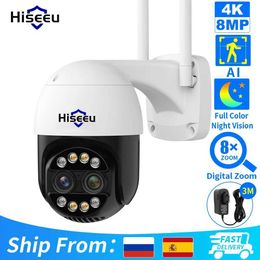 IP Cameras Hiseeu 4K 8MP Dual Lens PTZ Wifi IP Camera 8X Zoom Outdoor HD Full Color Night Vision Human Detection Video Surveillance Cameras 240413