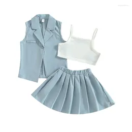 Clothing Sets Girls Skirt Suit Sleeveless Off Shoulder Short Vest Buttons Waistcoat Pleated A-Lined Half Dress