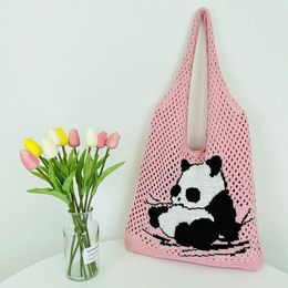 Evening Bags Crochet Tote Bag Women's Hollow Out Knit Hobo Handbags Woven Panda Mesh Summer Shoulder Knitted Casual Beach Purse Pink