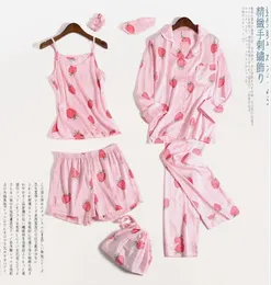 Home Clothing 2024 Fashion Spring Summer Women's Sweet Long Sleeved Silk Pyjamas Ladies Autumn 7 Piece Pants Set Sleepwear Pink Nightwear