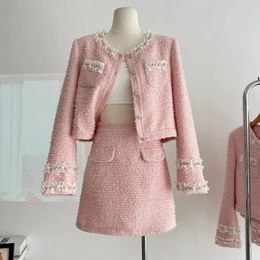 Winter Pink Sweet Fragrance Tweed Two Piece Set Women Short Jacket Coat Skirt Suits Fashion Luxury Beading Outfits 240329