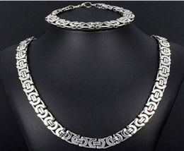 New Style Jewlery Set 8mm Silver Tone Flat byzantine chain necklace bracelet 316L Stainless Steel Bling for Fashion mens XMAS Gi1438832