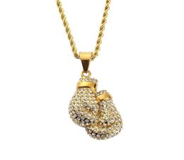 Men Charm Boxing Glove Pendant Necklace Fitness Fashion Gold Stainless Steel Workout Hip Hop Jewelry Full Rhinestone Design Women 9155109