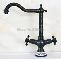 Bathroom Sink Faucets Black Oil Rubbed Bronze Dual Handle Faucet Basin Mixer & Cold Swivel Deck Mounted Vanity Lnf644