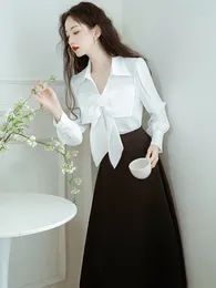 Work Dresses Mori Girl Spring Summer Women 2 Pcs Set Turn-Down Collar Sweet Bow White Shirt Black Long Skirt Elegant Feminine Party Suits