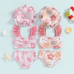Toddler Baby Girls 3 Pieces Bathing Suit Summer Floral Swimsuit Fly Sleeve Tankini Tops Swim Shorts Swim Cap Infant Beach Bikini