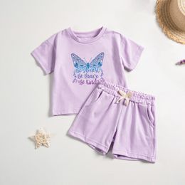 2pcs Girl's Butterfly Pattern Outfit T-shirt & Shorts Set Letter Print Causal Short Sleeve Top Kid's Clothes for Summer