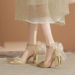 Dress Shoes Size 30-44 Chunky Heel Pointed Toe Hollow High Heels Bow Flower Gold Silver Wedding For Women