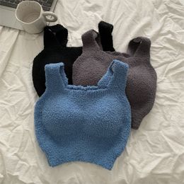 ITOOLIN Women Cashmere Warm Crop Tops With Bra Pad Knitting Thick Tank Tops Sweet Plush Camisole For Women Autumn Winter