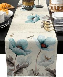 Retro Teal Tulip Linen Table Runner Washable Dresser Scarf Table Decor Farmhouse Kitchen Party Living Room Dining Table Runners