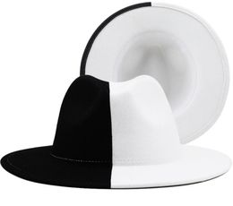 Black White Patchwork Wool Felt Jazz Fedora Hat Women Unisex Wide Brim Panama Party Trilby Cowboy Cap Men Gentleman Wedding Hat 227924424