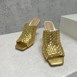 Casual Lady Summer Sandals Women Shoes Gold Weave Leather Open Toe High Heels SLIPPERS Prom Evening Shoes Zapatos Mujer Slide
