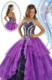 New Luxury Purple Princess Girl039s Pageant Dresses 2017 Halter Neck Corset Back Beads Sequins Ball Gown Glitz Kids Prom Dresse2060005